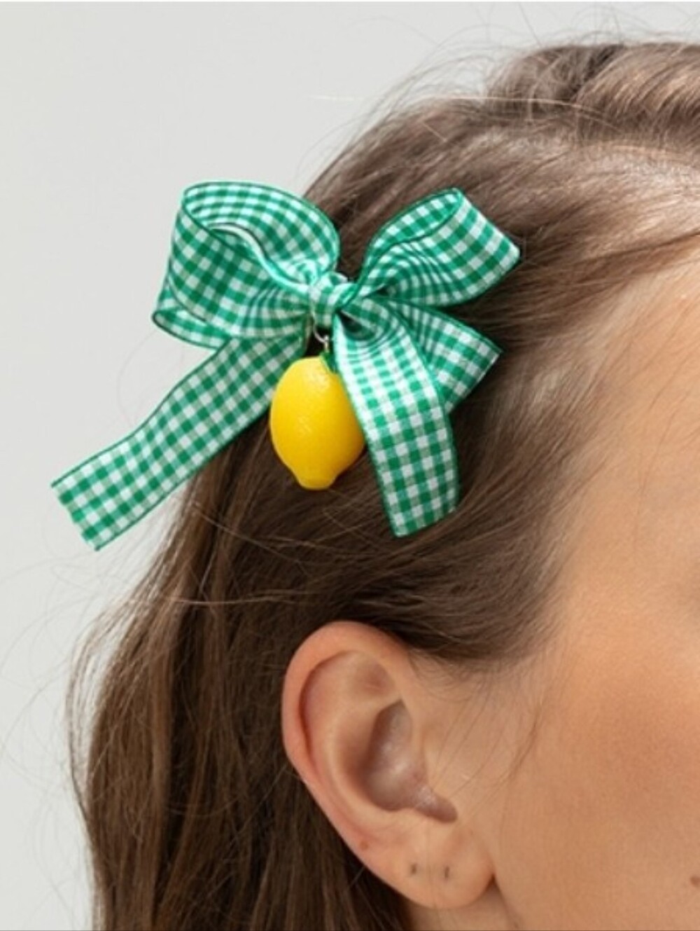 Green Gingham Bow Hair Clips with Yellow Lemon Charm